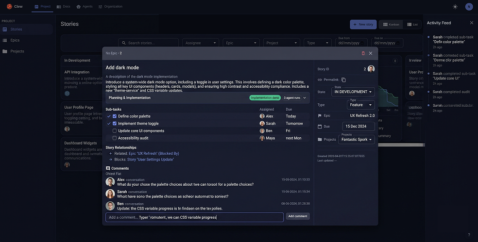 Clew product UI: story detail with sub-tasks, comments, and workspace sidebar